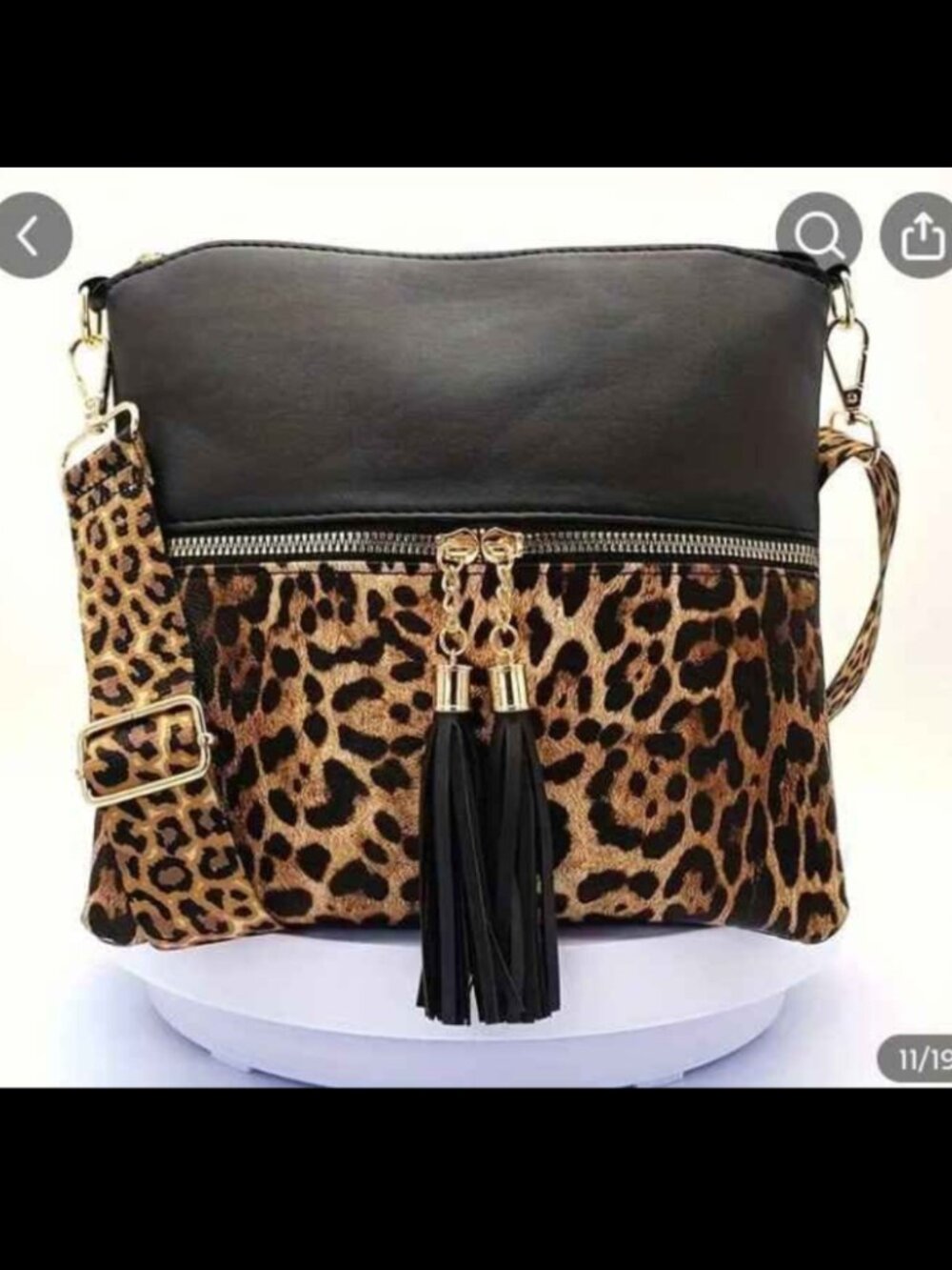 Leopard print tassel crossbody handbag, small, with removable strap with zipper